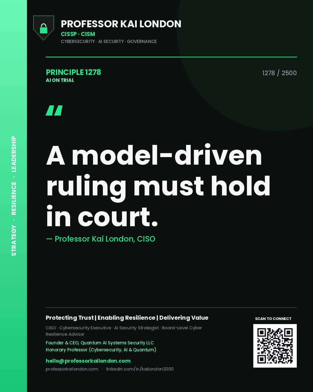 Quote card by Professor Kai London reading 'A model-driven ruling must hold in court.'. From the book AI on Trial.