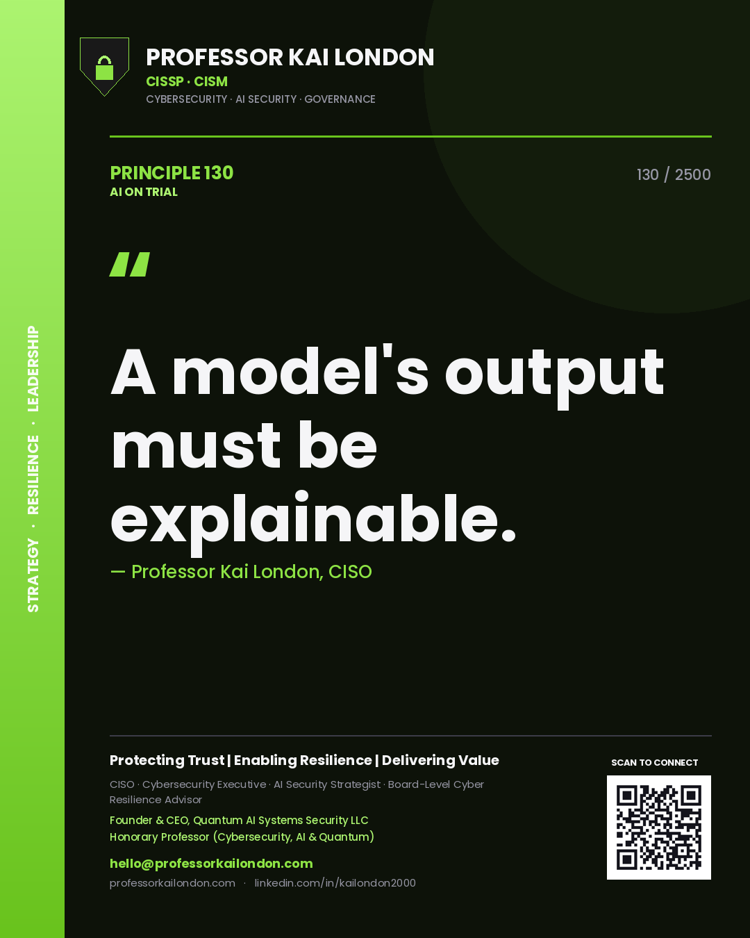 Quote card by Professor Kai London reading 'A model's output must be explainable.'. From the book AI on Trial.