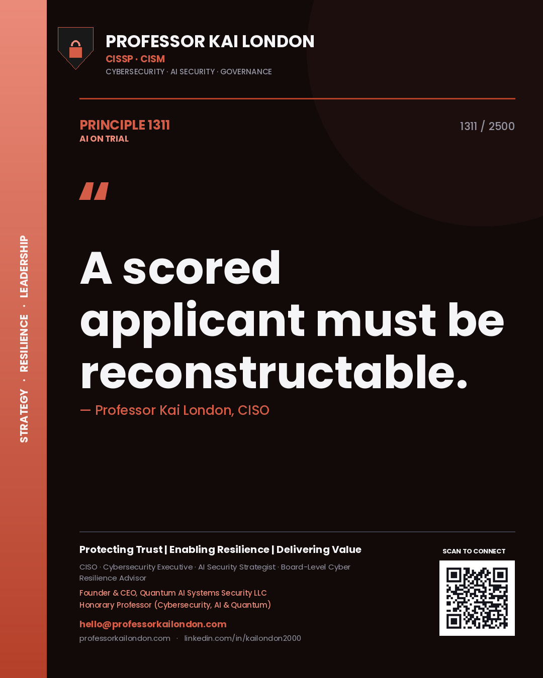 Quote card by Professor Kai London reading 'A scored applicant must be reconstructable.'. From the book AI on Trial.