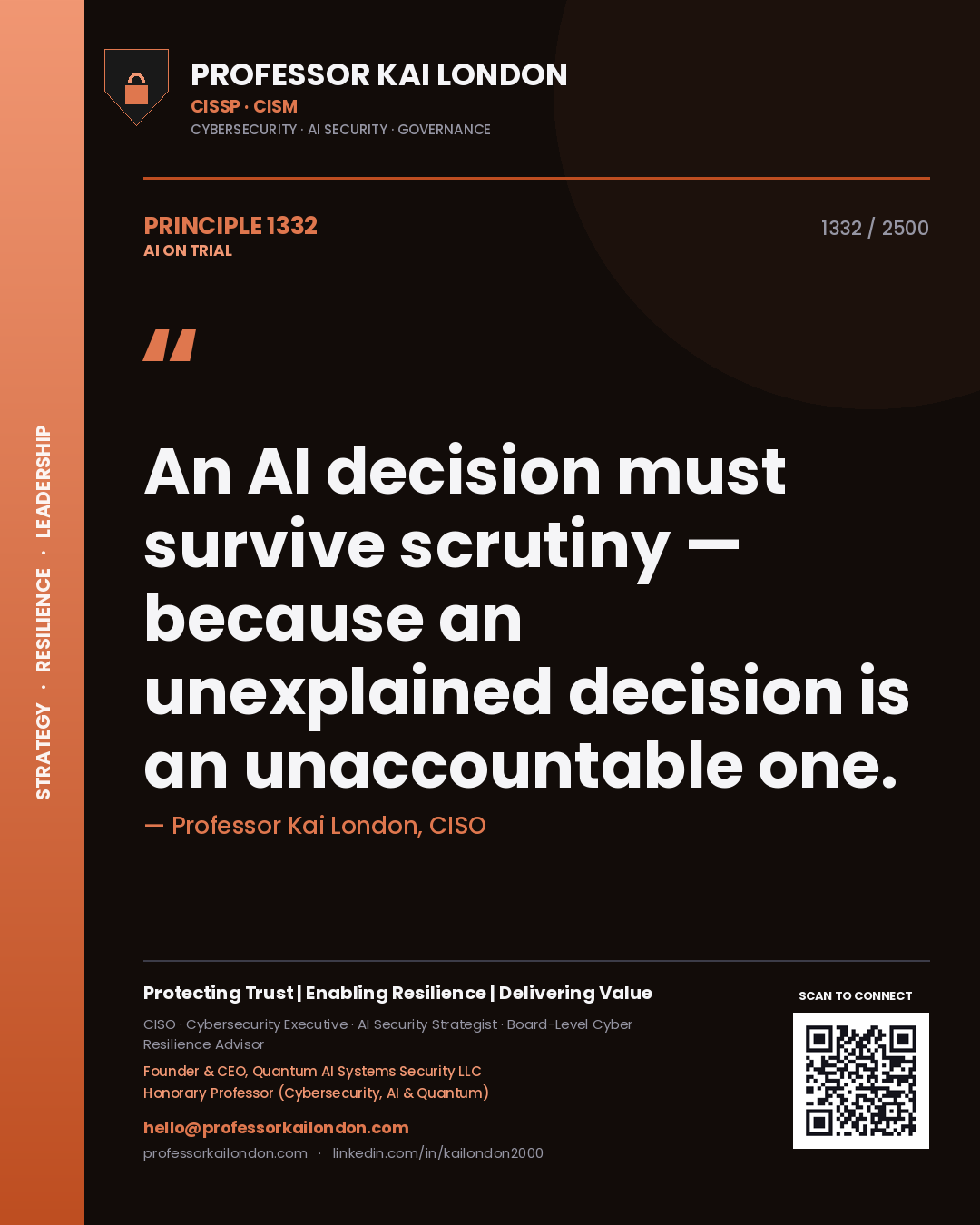 Professor Kai London principle 1332: An AI decision must survive scrutiny — because an unexplained decision is an unaccountable one.