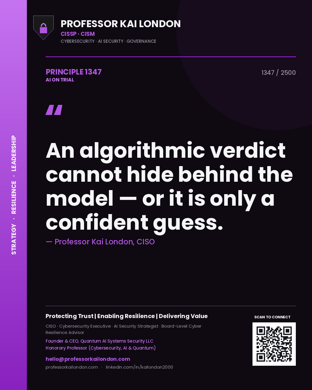 Professor Kai London principle 1347: An algorithmic verdict cannot hide behind the model — or it is only a confident guess.