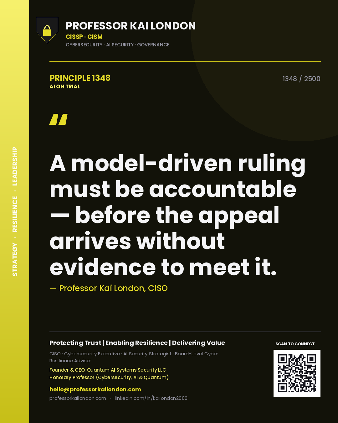 Quote card by Professor Kai London reading 'A model-driven ruling must be accountable — before the appeal arrives without evidence to meet it.'. From the book AI on Trial.