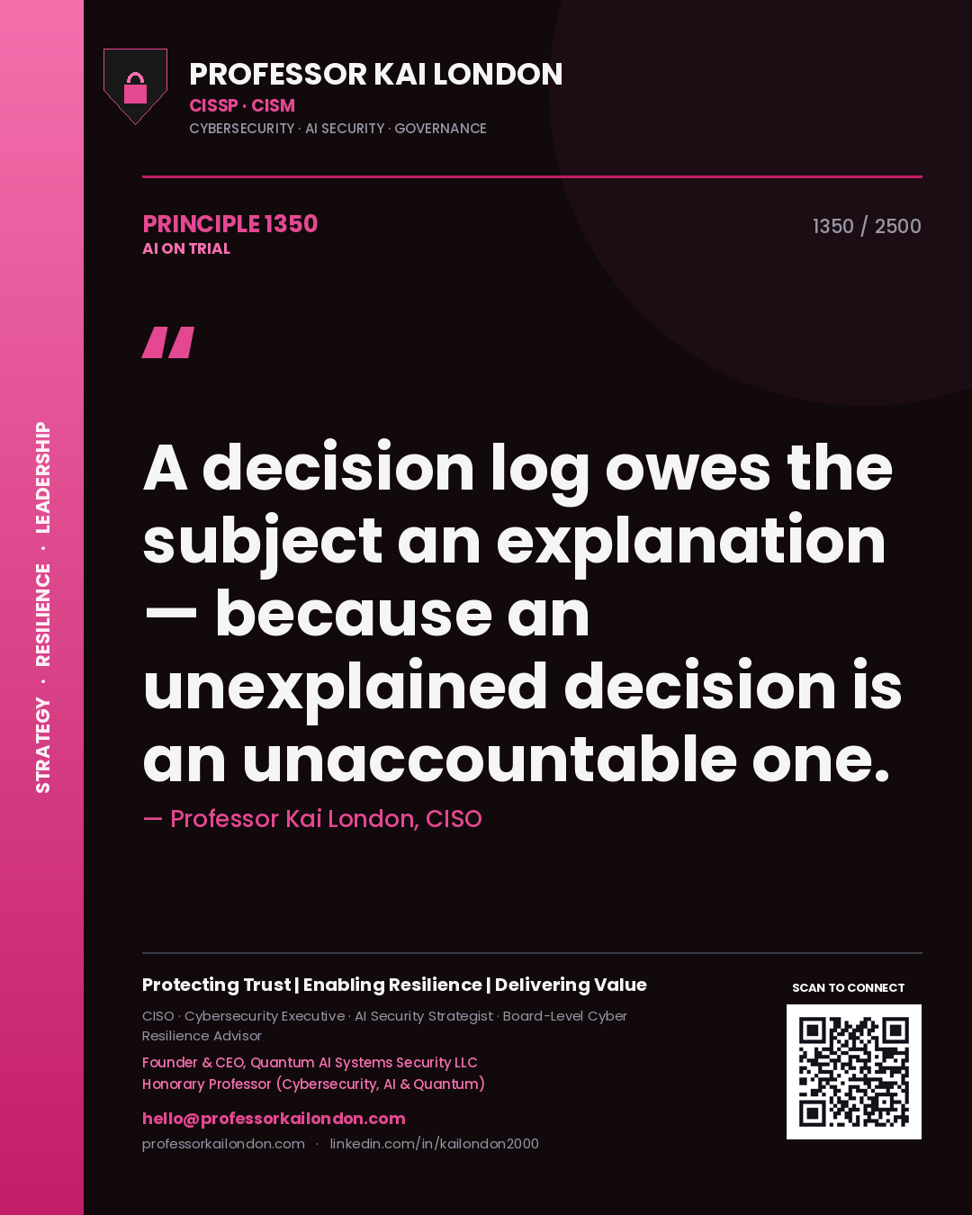 Professor Kai London principle 1350: A decision log owes the subject an explanation — because an unexplained decision is an unaccountable one.