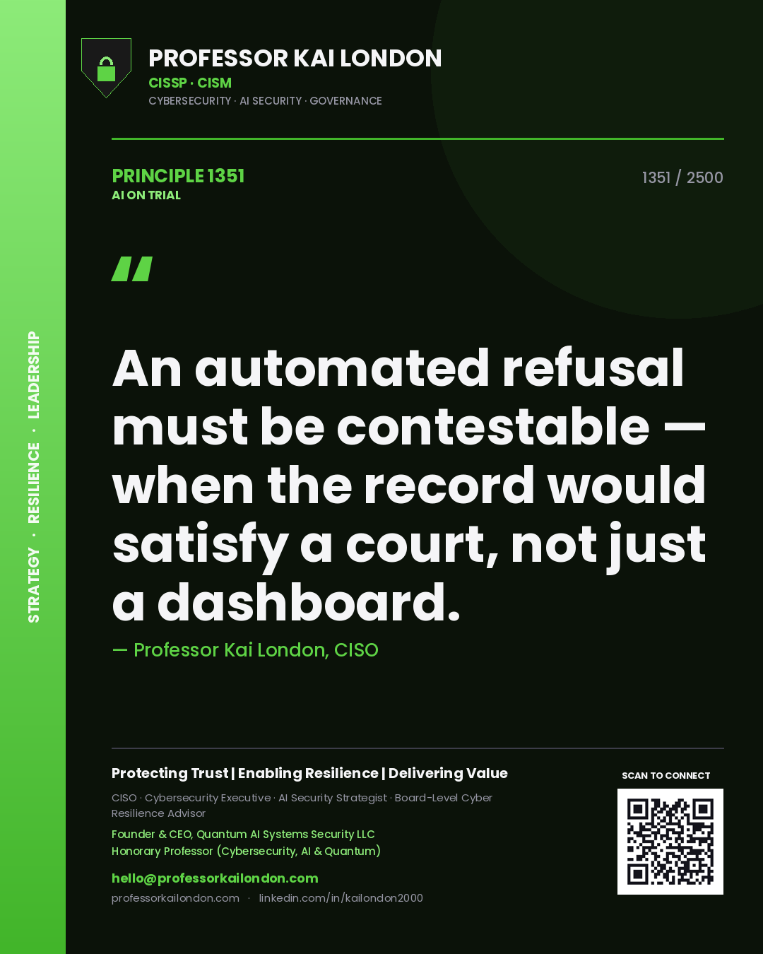 Professor Kai London principle 1351: An automated refusal must be contestable — when the record would satisfy a court, not just a dashboard.