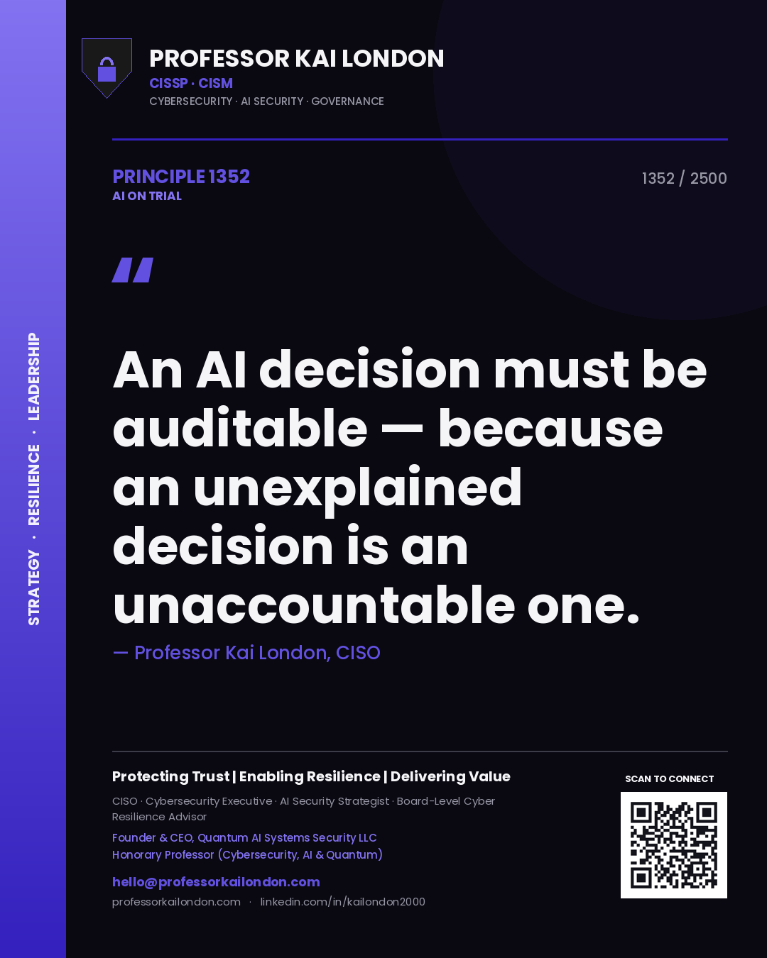 Professor Kai London principle 1352: An AI decision must be auditable — because an unexplained decision is an unaccountable one.