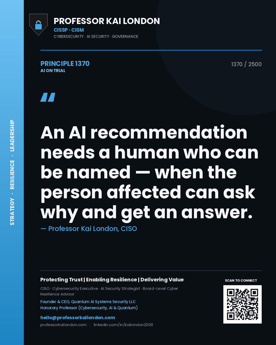 Professor Kai London principle 1370: An AI recommendation needs a human who can be named — when the person affected can ask why and get an answer.