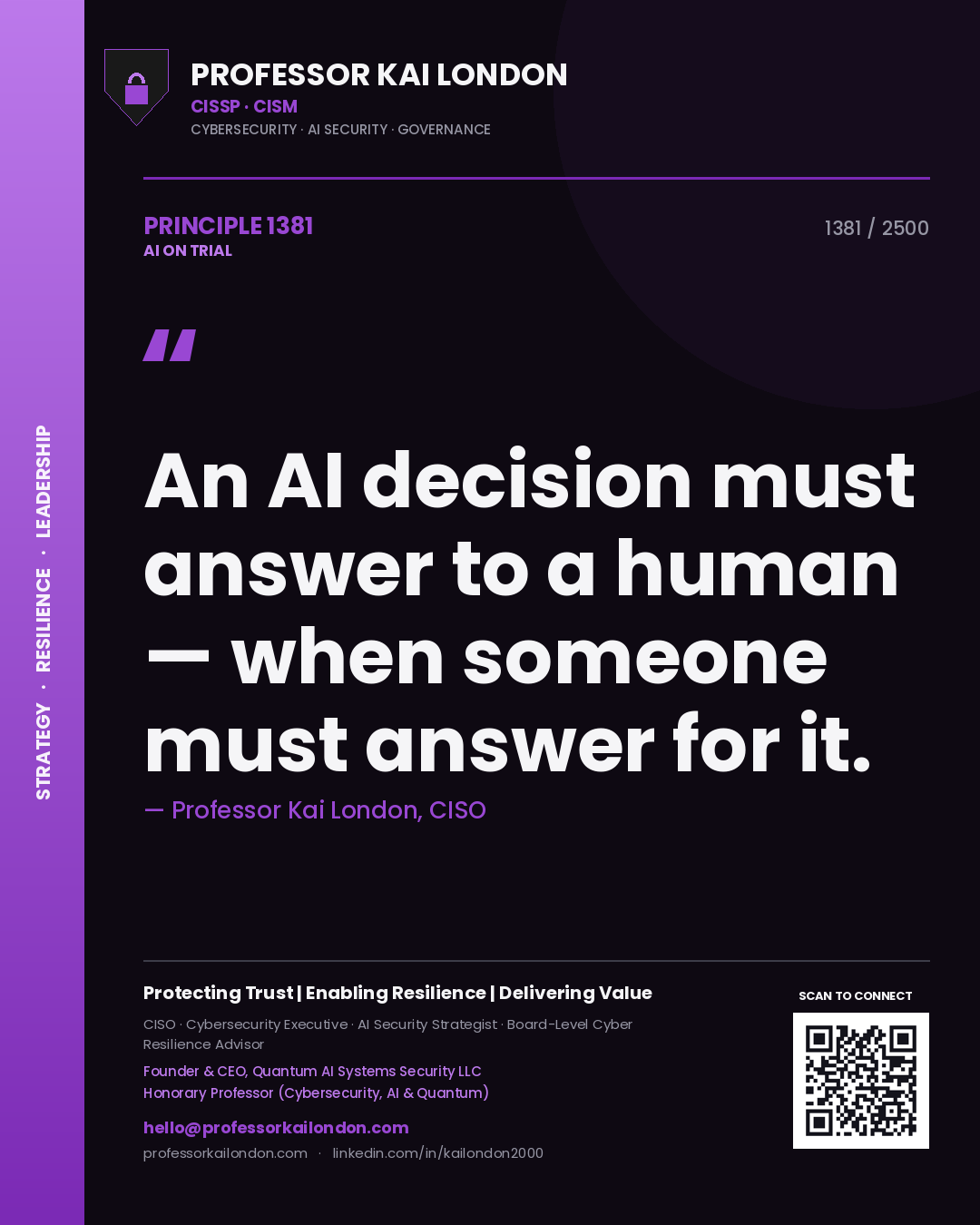 Professor Kai London principle 1381: An AI decision must answer to a human — when someone must answer for it.