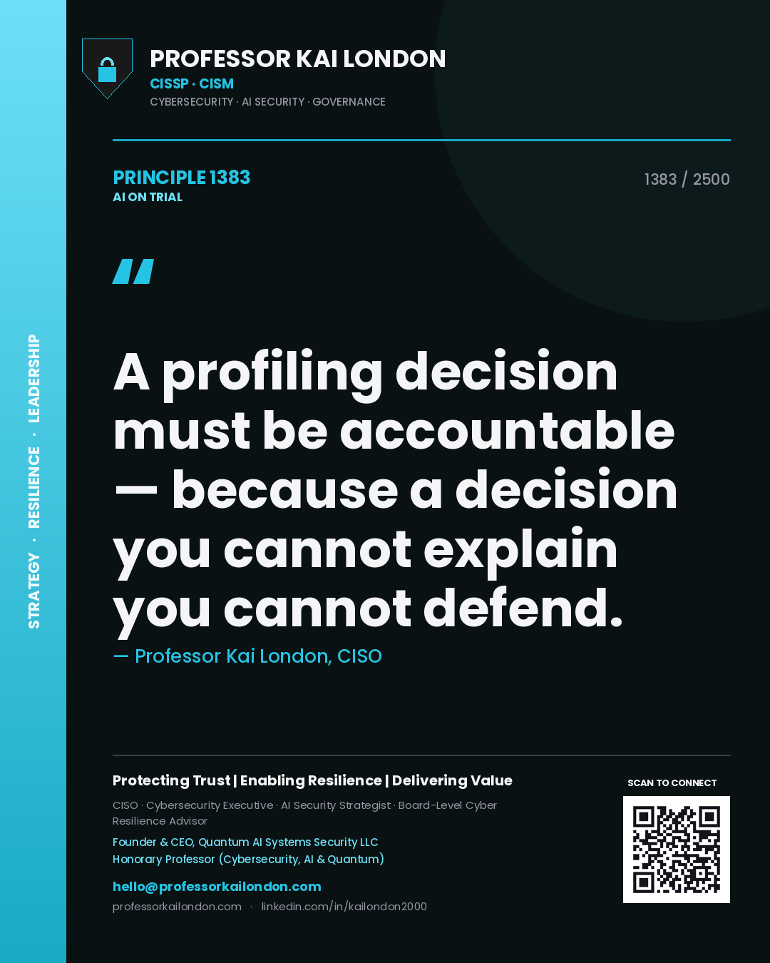 Quote card by Professor Kai London reading 'A profiling decision must be accountable — because a decision you cannot explain you cannot defend.'. From the book AI on Trial.