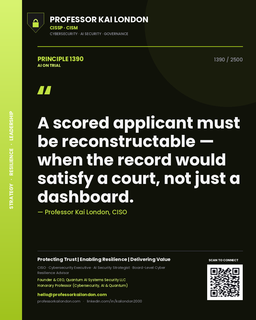 Professor Kai London principle 1390: A scored applicant must be reconstructable — when the record would satisfy a court, not just a dashboard.