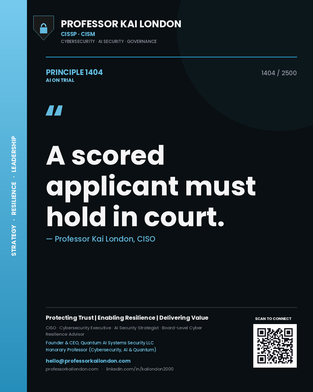 Quote card by Professor Kai London reading 'A scored applicant must hold in court.'. From the book AI on Trial.