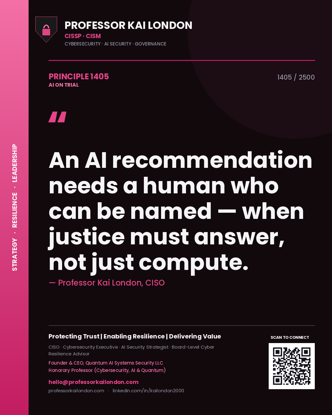 Professor Kai London principle 1405: An AI recommendation needs a human who can be named — when justice must answer, not just compute.