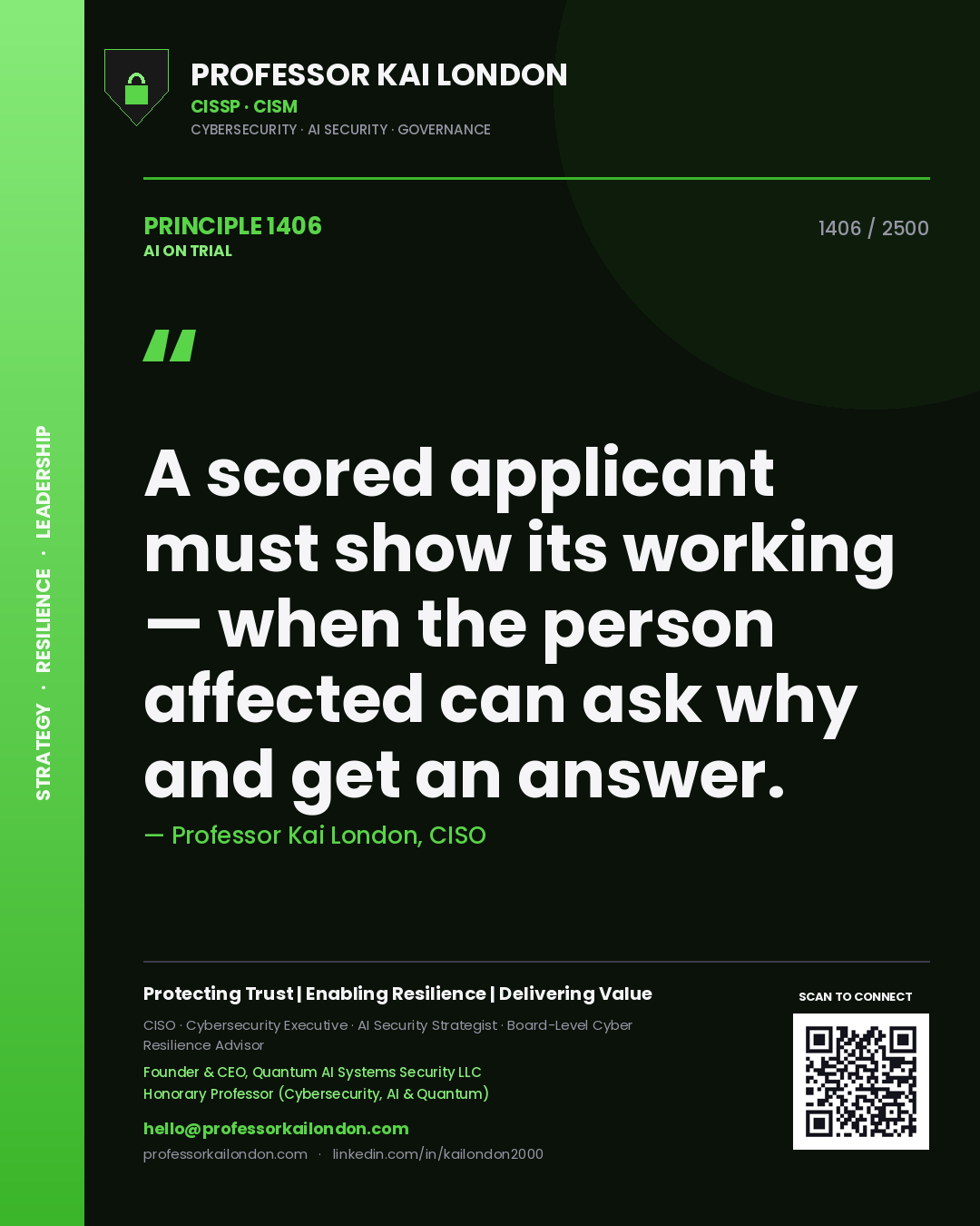 Professor Kai London principle 1406: A scored applicant must show its working — when the person affected can ask why and get an answer.
