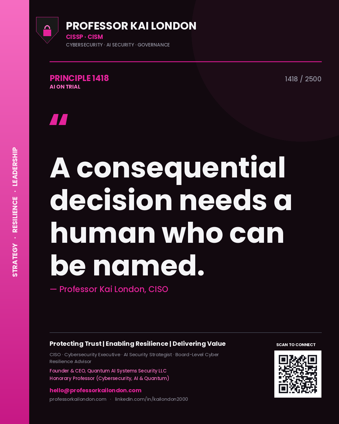 Quote card by Professor Kai London reading 'A consequential decision needs a human who can be named.'. From the book AI on Trial.