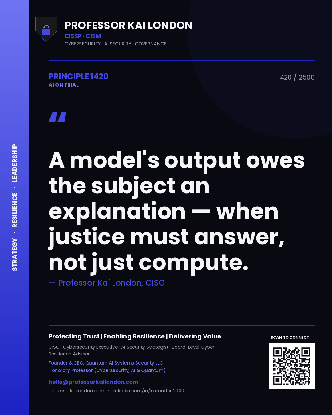 Professor Kai London principle 1420: A model's output owes the subject an explanation — when justice must answer, not just compute.