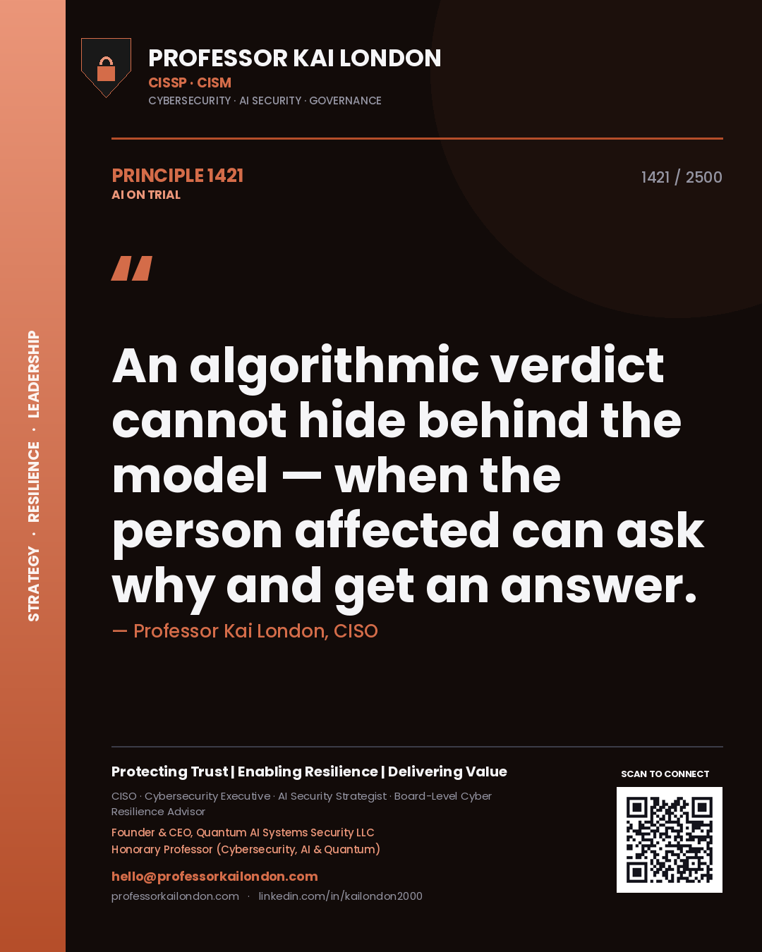 Professor Kai London principle 1421: An algorithmic verdict cannot hide behind the model — when the person affected can ask why and get an answer.