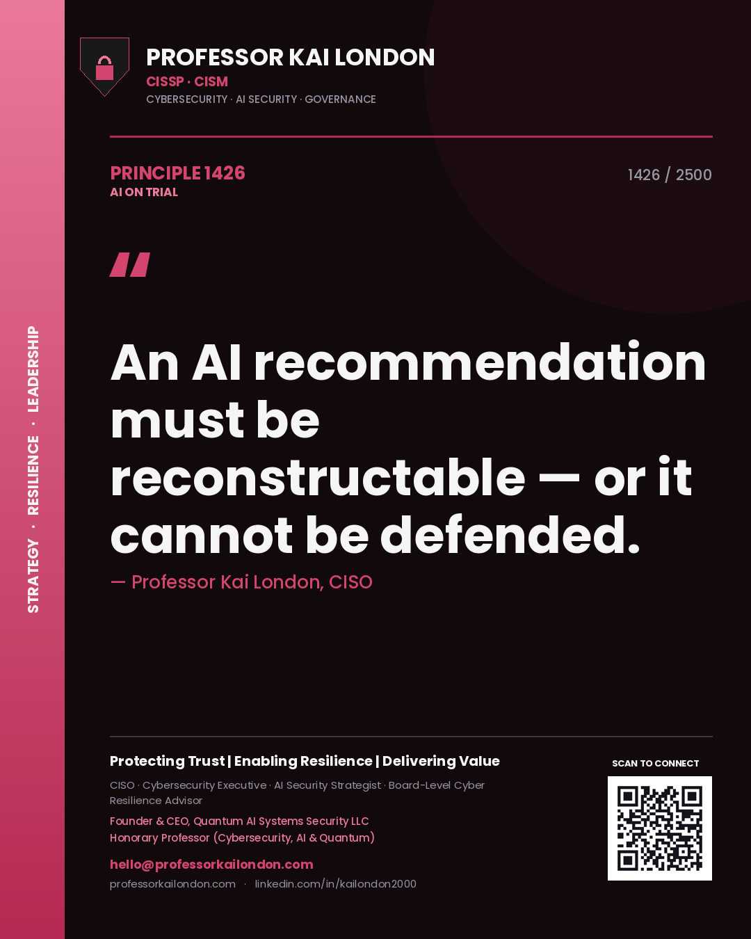 Professor Kai London principle 1426: An AI recommendation must be reconstructable — or it cannot be defended.