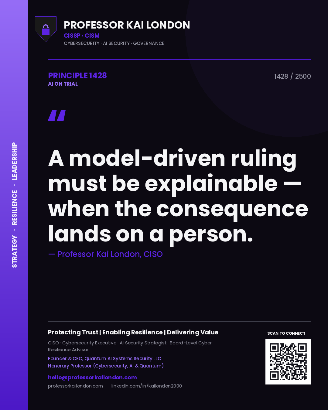 Quote card by Professor Kai London reading 'A model-driven ruling must be explainable — when the consequence lands on a person.'. From the book AI on Trial.