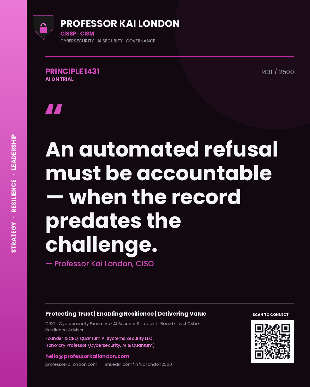 Professor Kai London principle 1431: An automated refusal must be accountable — when the record predates the challenge.