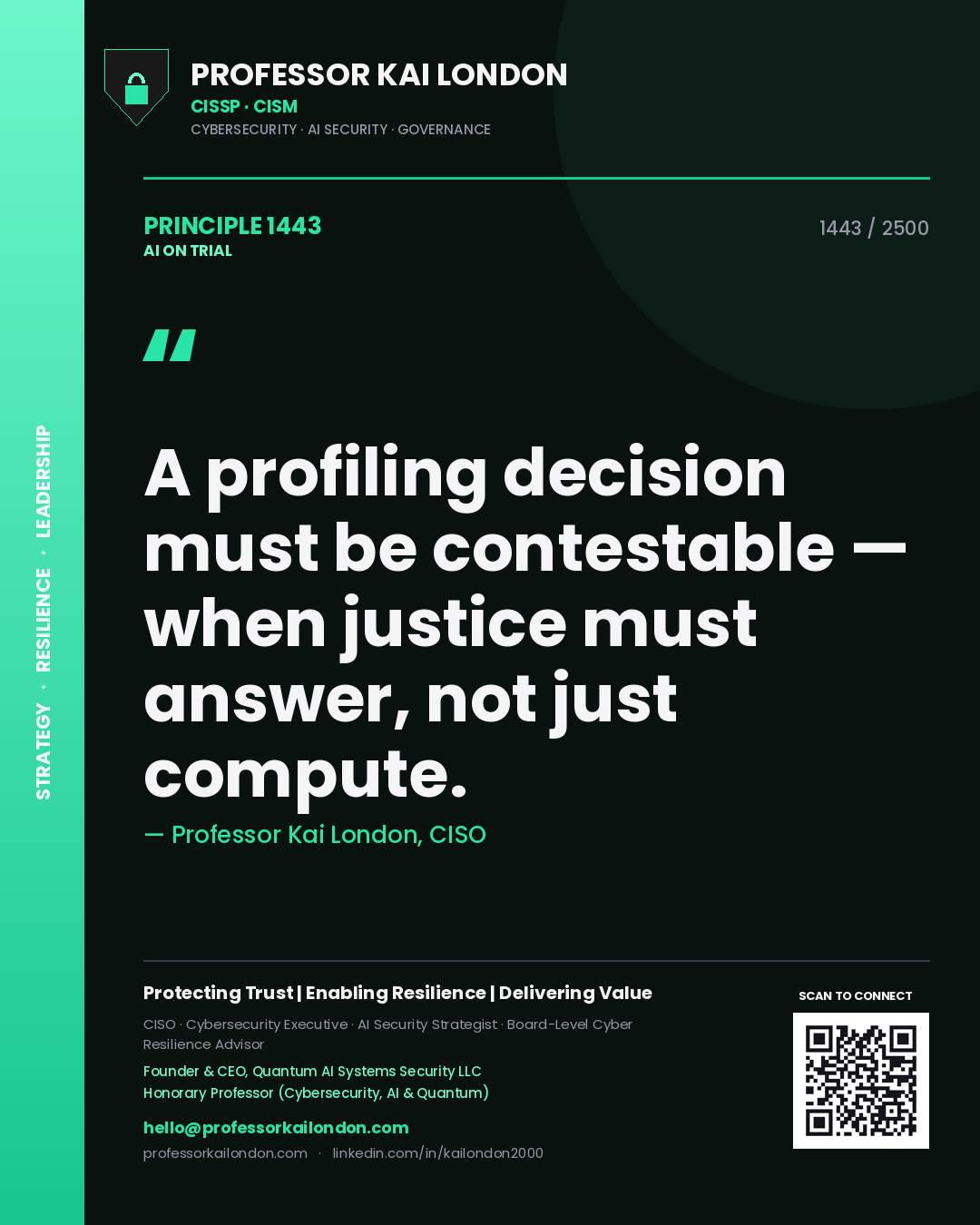 Quote card by Professor Kai London reading 'A profiling decision must be contestable — when justice must answer, not just compute.'. From the book AI on Trial.