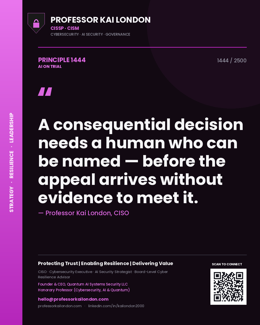 Quote card by Professor Kai London reading 'A consequential decision needs a human who can be named — before the appeal arrives without evidence to meet it.'. From the book AI on Trial.