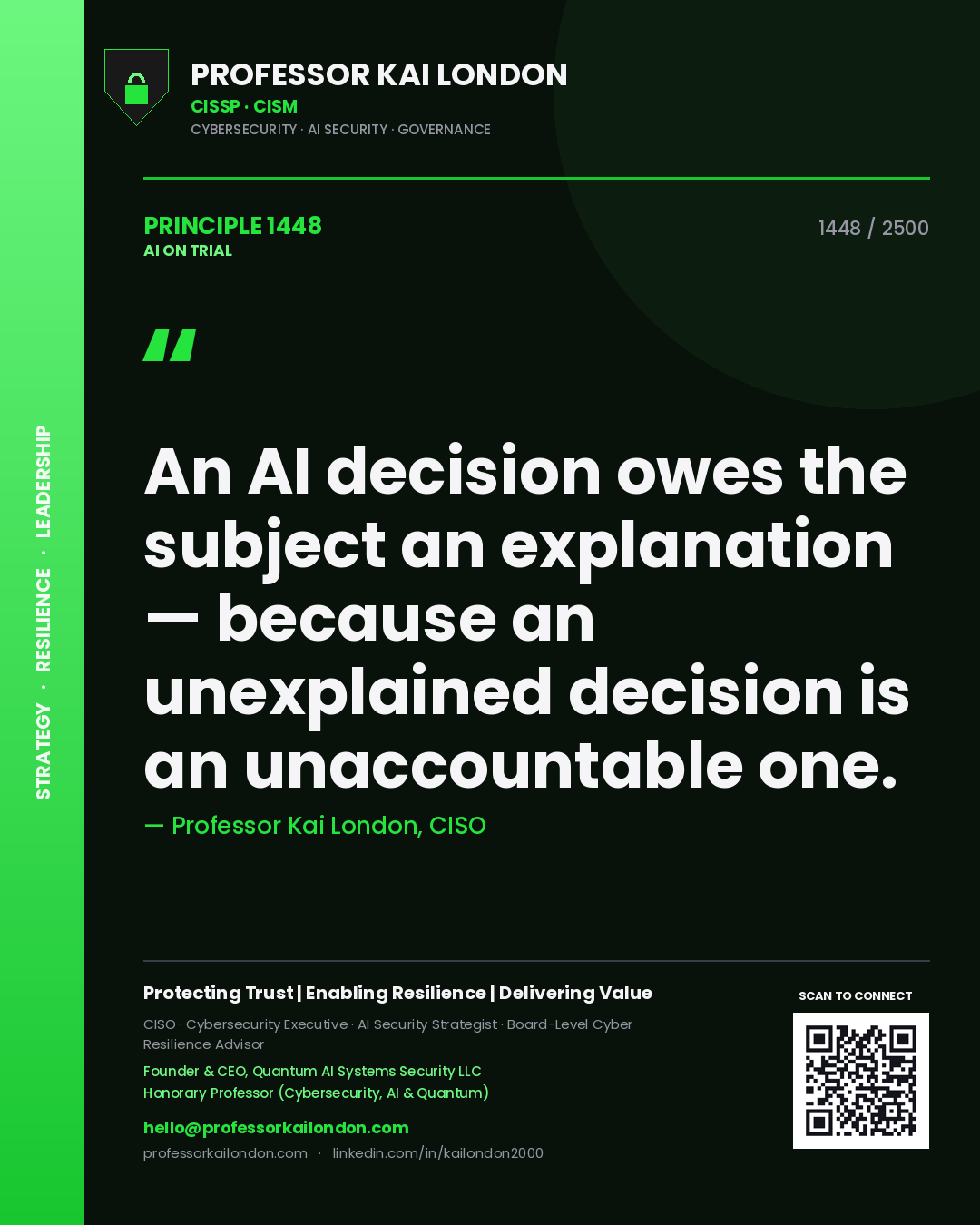 Professor Kai London principle 1448: An AI decision owes the subject an explanation — because an unexplained decision is an unaccountable one.