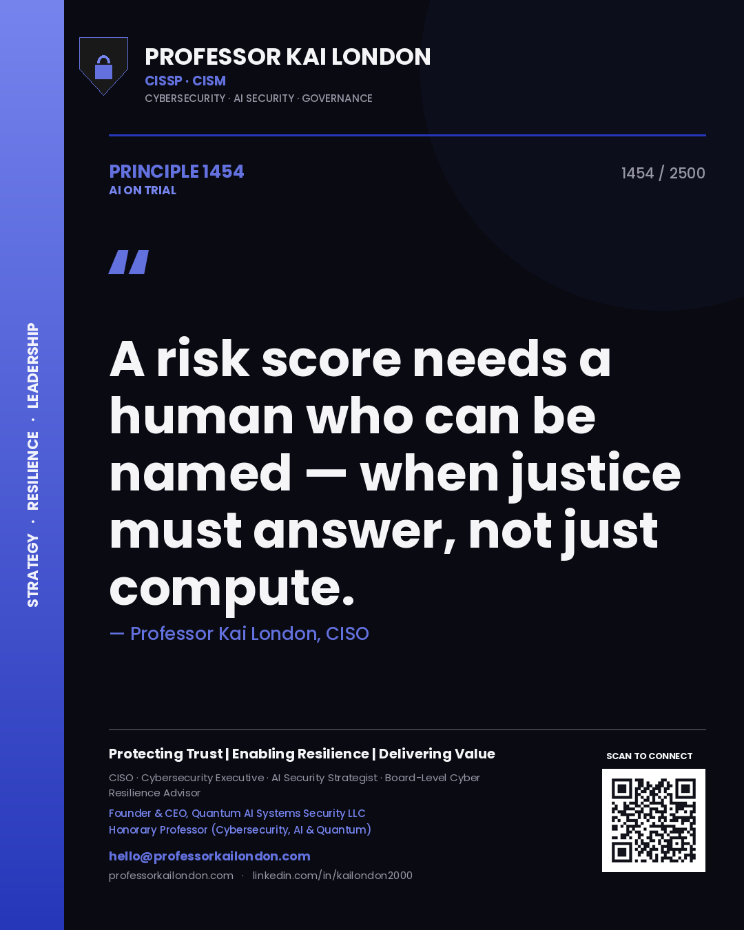 Professor Kai London principle 1454: A risk score needs a human who can be named — when justice must answer, not just compute.