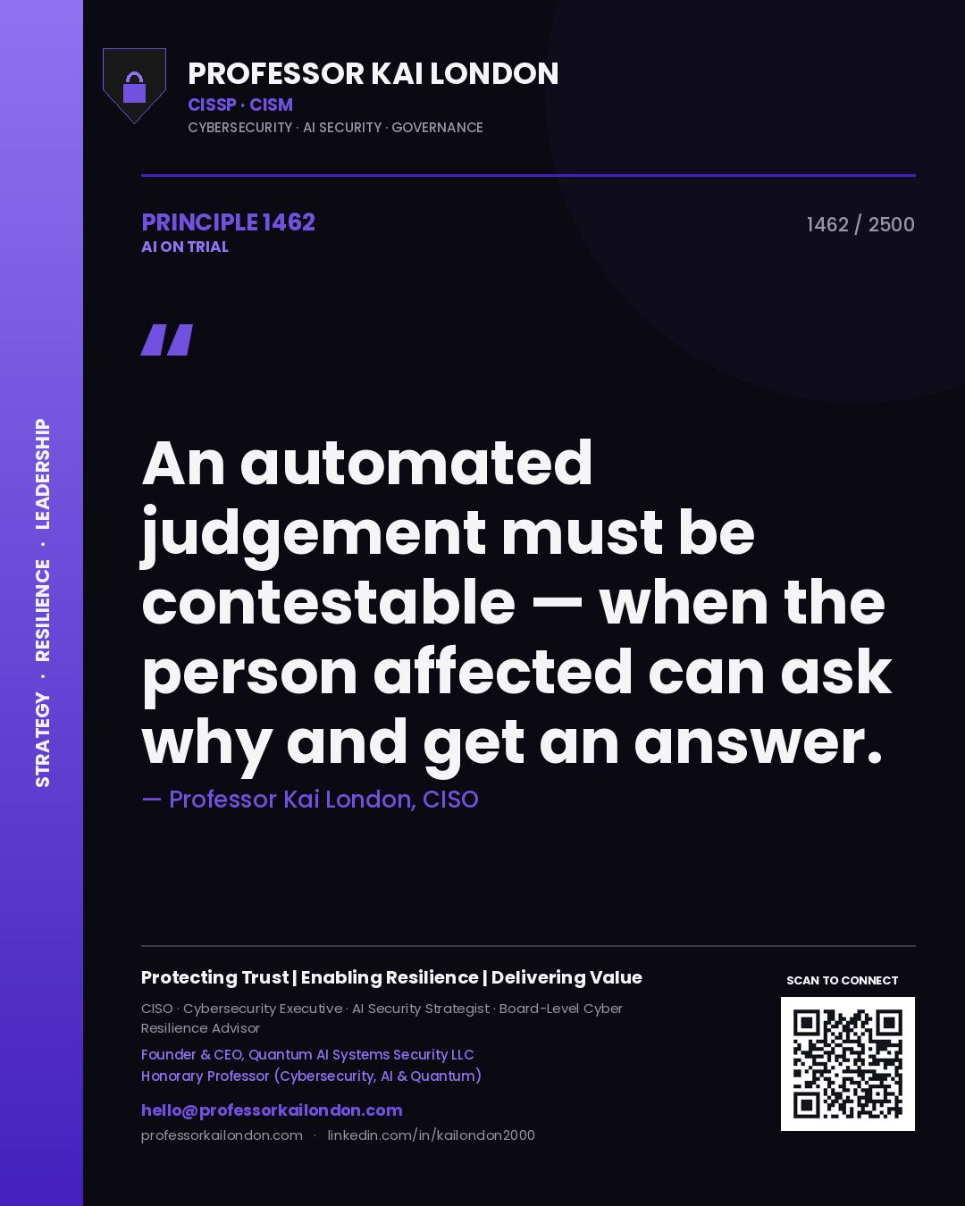 Quote card by Professor Kai London reading 'An automated judgement must be contestable — when the person affected can ask why and get an answer.'. From the book AI on Trial.