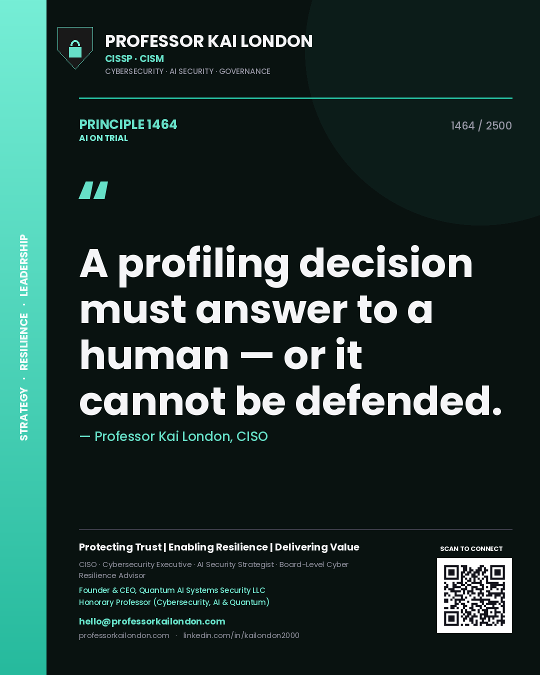 Quote card by Professor Kai London reading 'A profiling decision must answer to a human — or it cannot be defended.'. From the book AI on Trial.