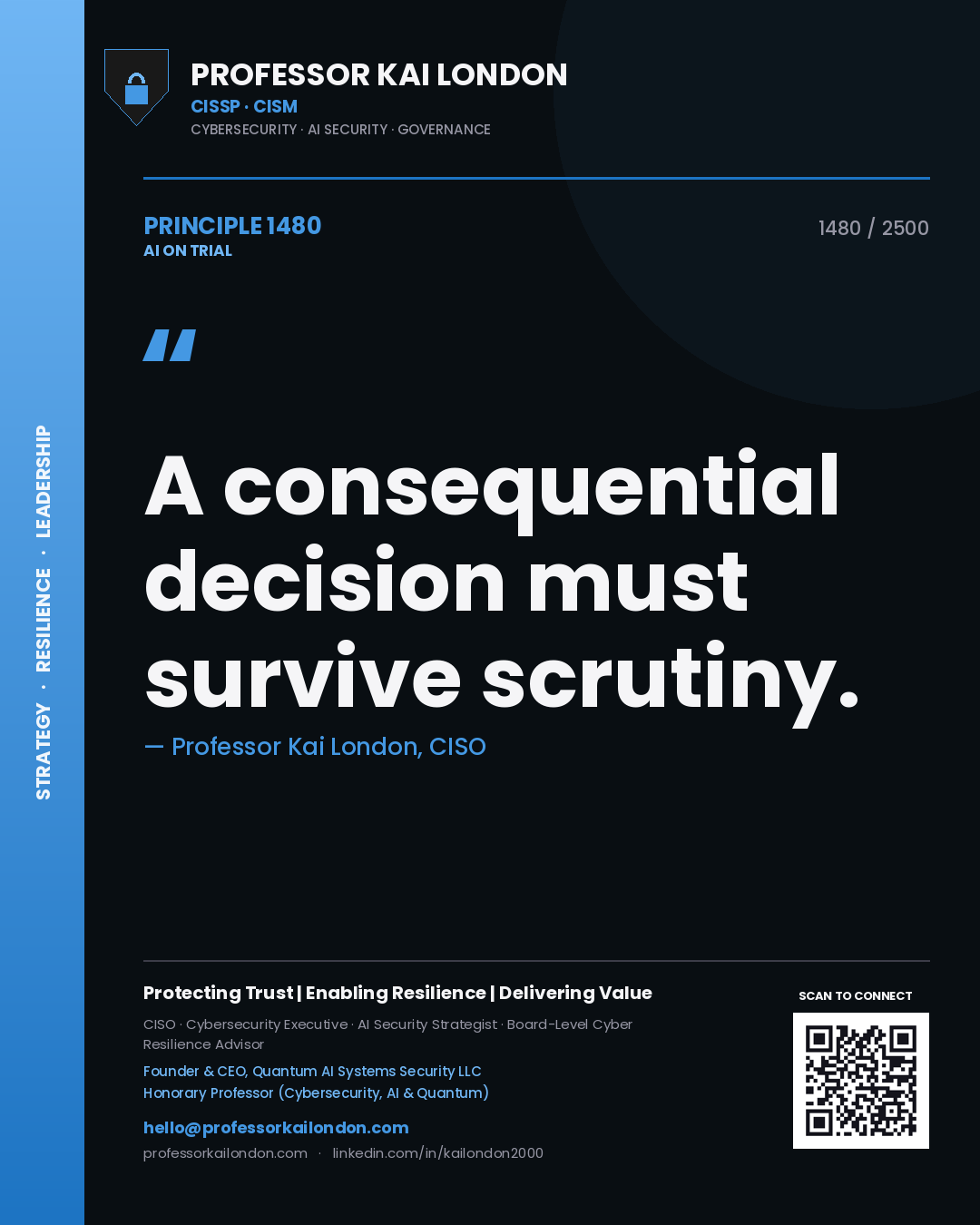 Quote card by Professor Kai London reading 'A consequential decision must survive scrutiny.'. From the book AI on Trial.