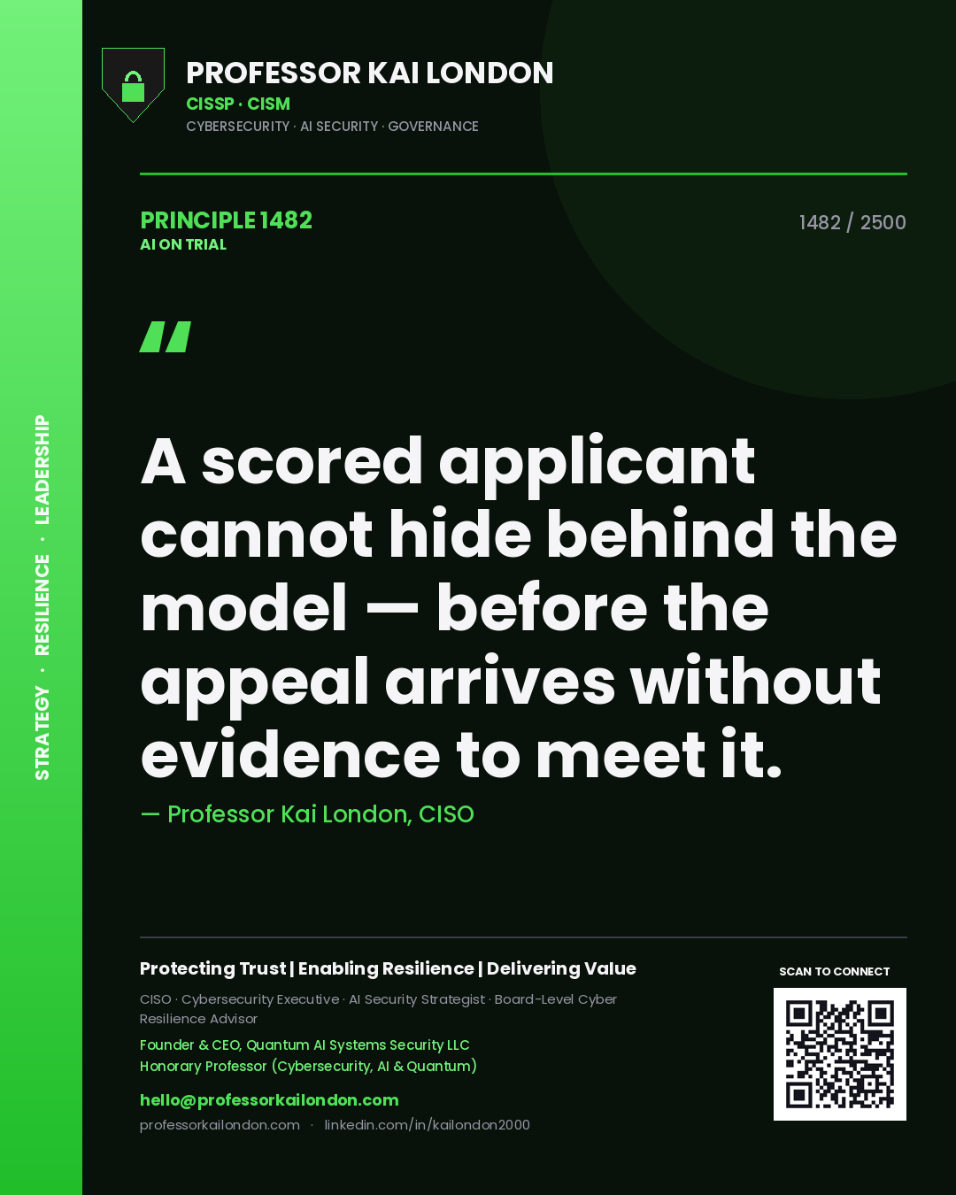Quote card by Professor Kai London reading 'A scored applicant cannot hide behind the model — before the appeal arrives without evidence to meet it.'. From the book AI on Trial.