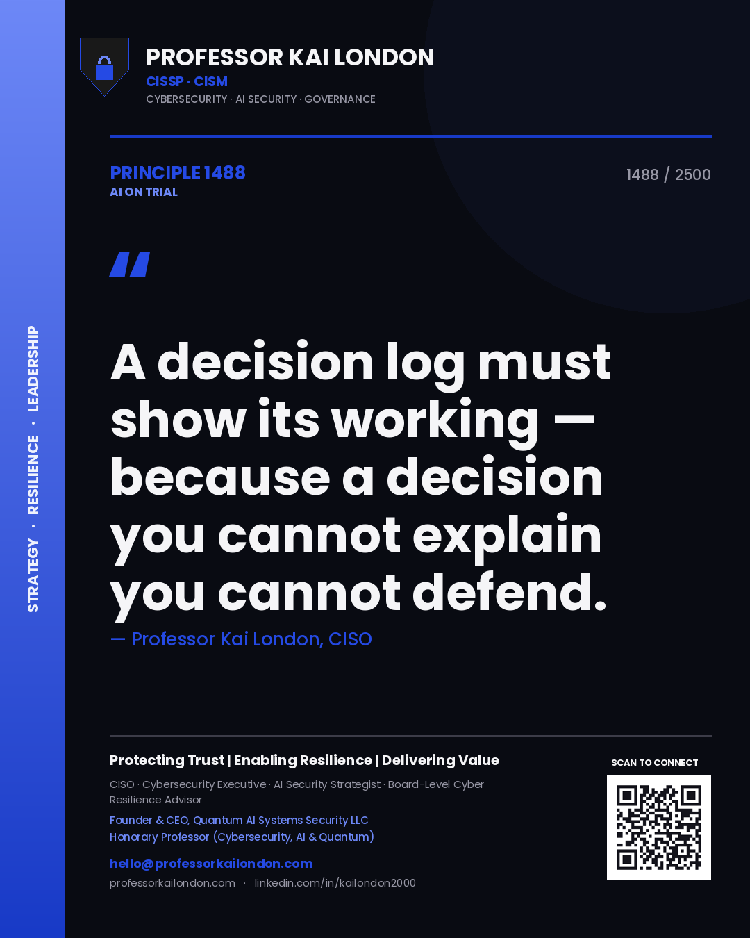 Professor Kai London principle 1488: A decision log must show its working — because a decision you cannot explain you cannot defend.