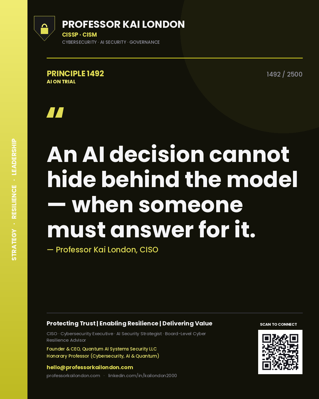 Professor Kai London principle 1492: An AI decision cannot hide behind the model — when someone must answer for it.