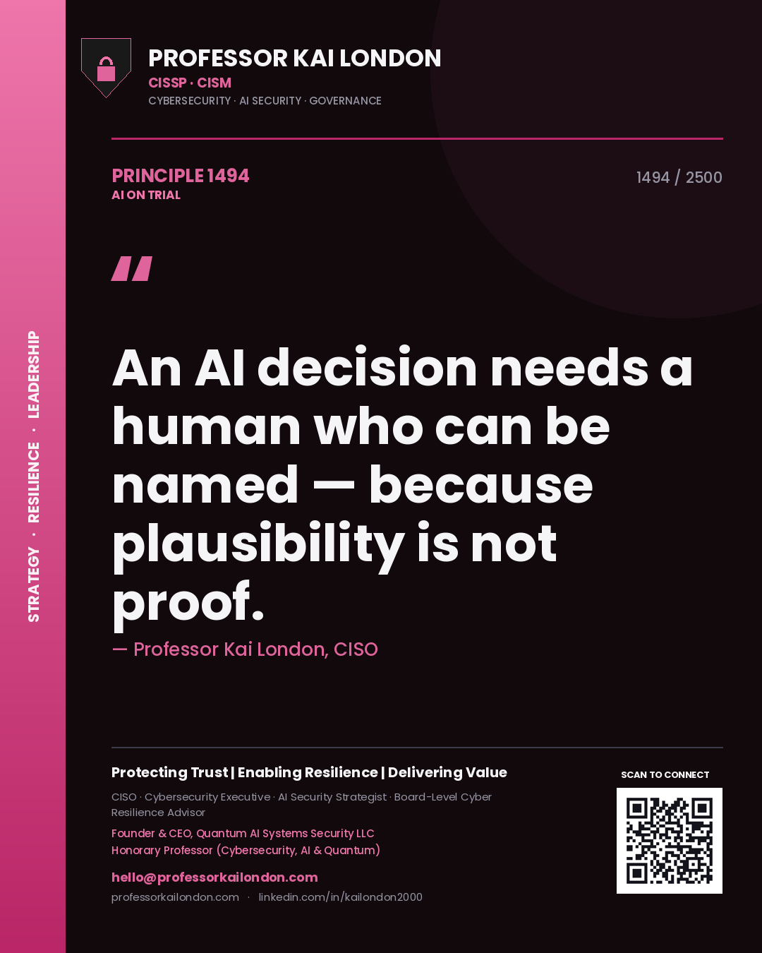 Quote card by Professor Kai London reading 'An AI decision needs a human who can be named — because plausibility is not proof.'. From the book AI on Trial.