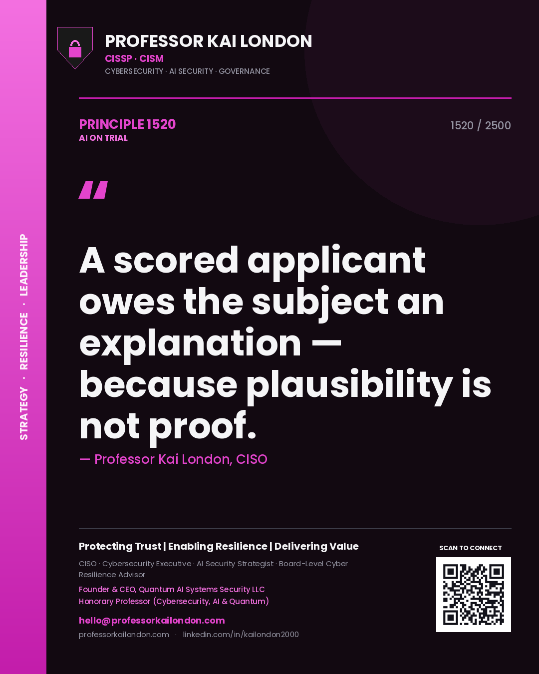 Professor Kai London principle 1520: A scored applicant owes the subject an explanation — because plausibility is not proof.