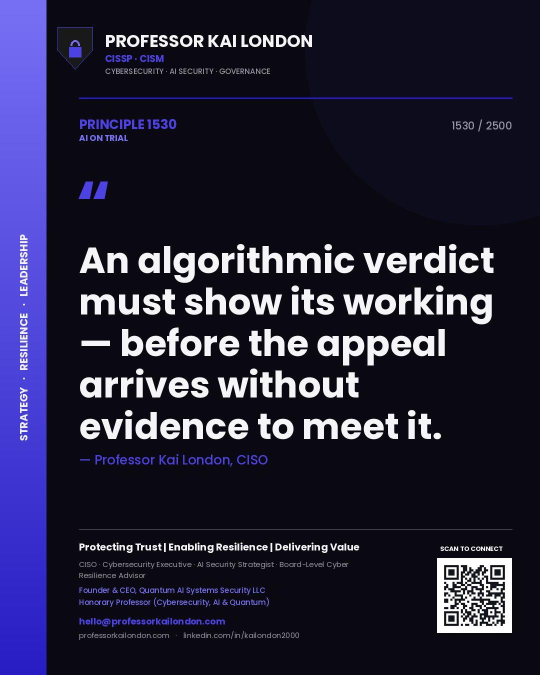 Professor Kai London principle 1530: An algorithmic verdict must show its working — before the appeal arrives without evidence to meet it.