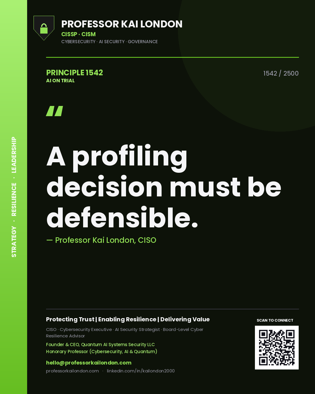 Quote card by Professor Kai London reading 'A profiling decision must be defensible.'. From the book AI on Trial.