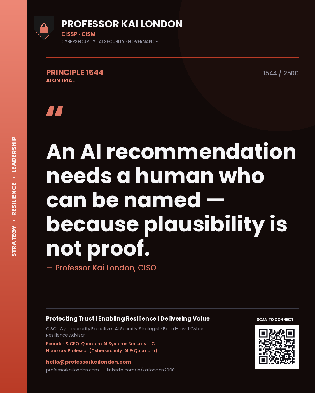 Professor Kai London principle 1544: An AI recommendation needs a human who can be named — because plausibility is not proof.