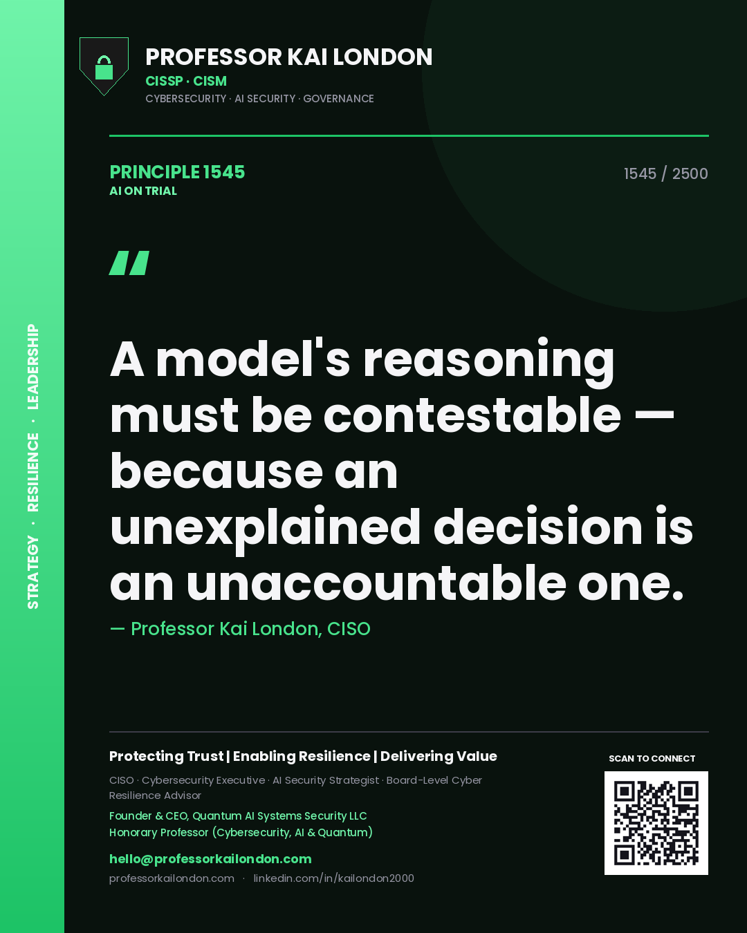 Professor Kai London principle 1545: A model's reasoning must be contestable — because an unexplained decision is an unaccountable one.