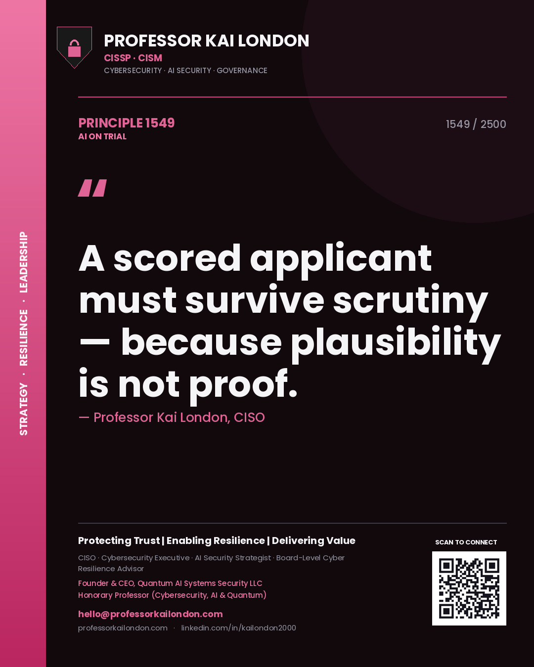 Quote card by Professor Kai London reading 'A scored applicant must survive scrutiny — because plausibility is not proof.'. From the book AI on Trial.