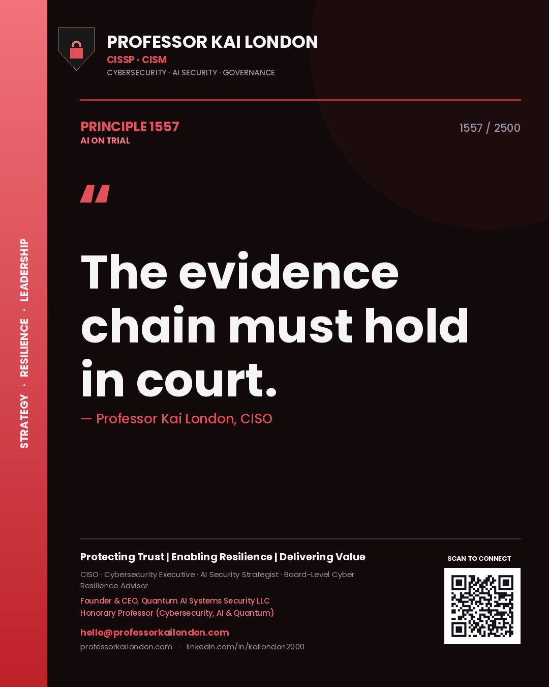 Quote card by Professor Kai London reading 'The evidence chain must hold in court.'. From the book AI on Trial.