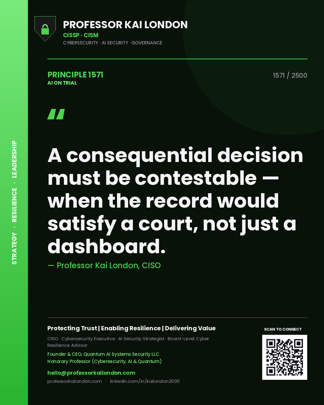 Professor Kai London principle 1571: A consequential decision must be contestable — when the record would satisfy a court, not just a dashboard.