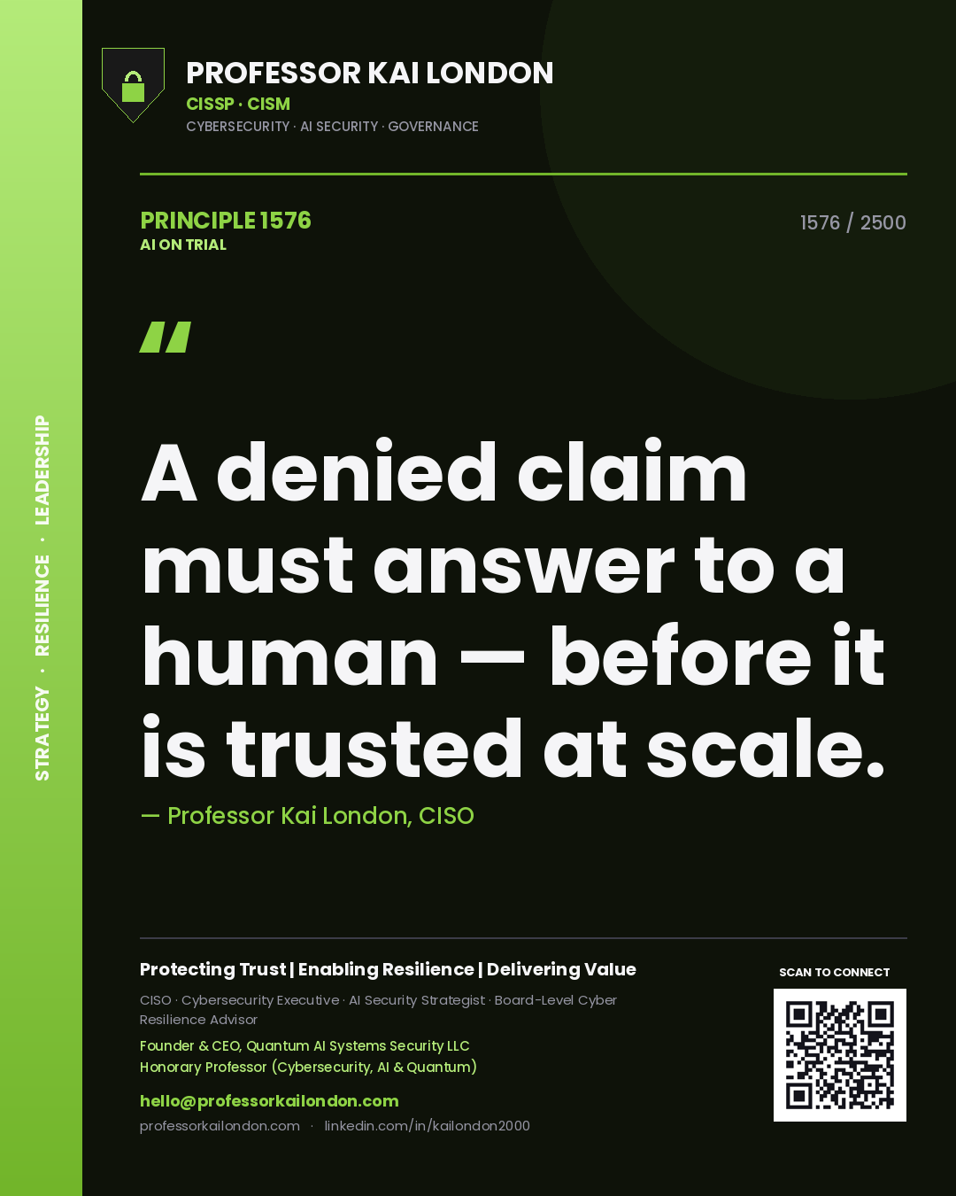 Professor Kai London principle 1576: A denied claim must answer to a human — before it is trusted at scale.