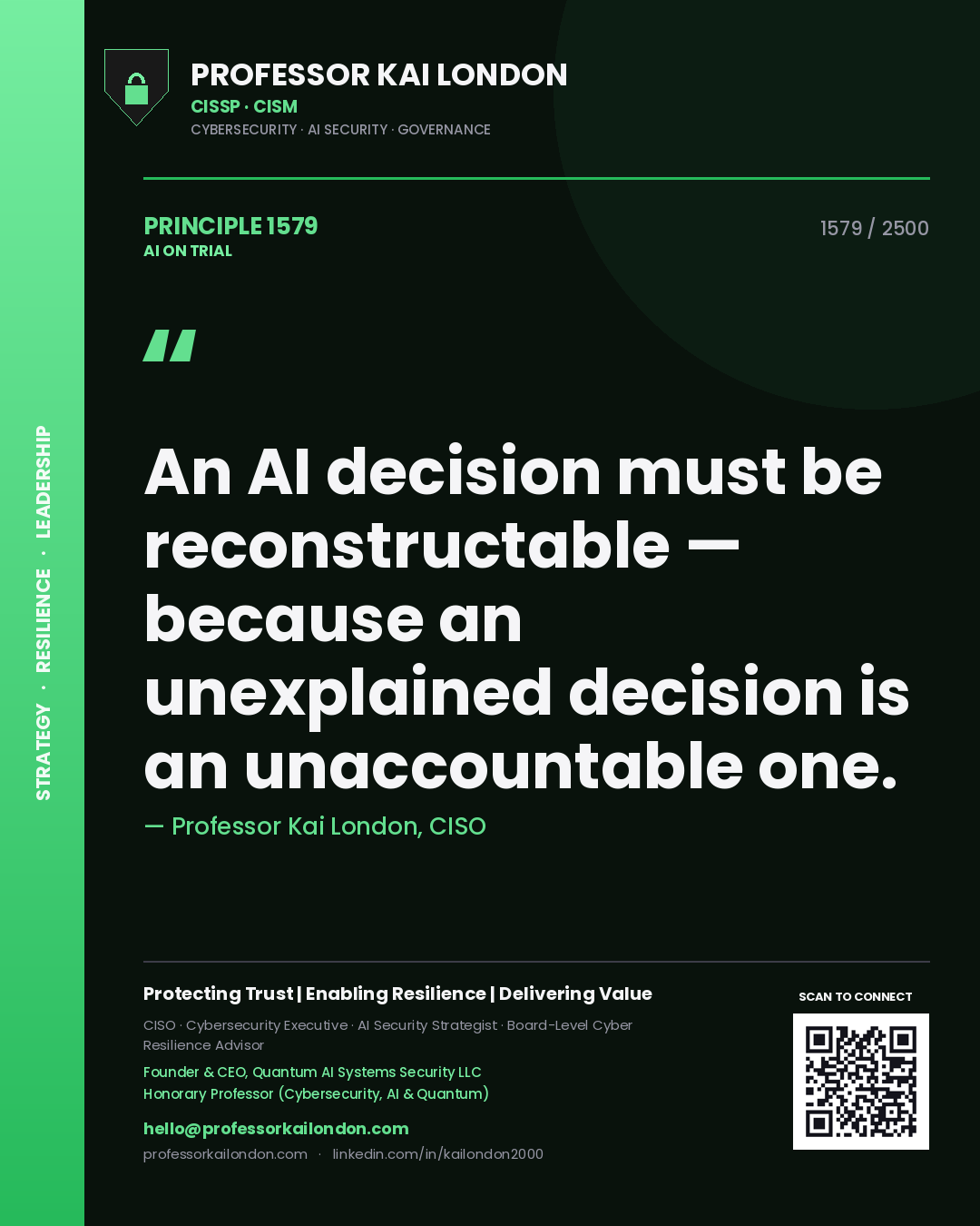Professor Kai London principle 1579: An AI decision must be reconstructable — because an unexplained decision is an unaccountable one.