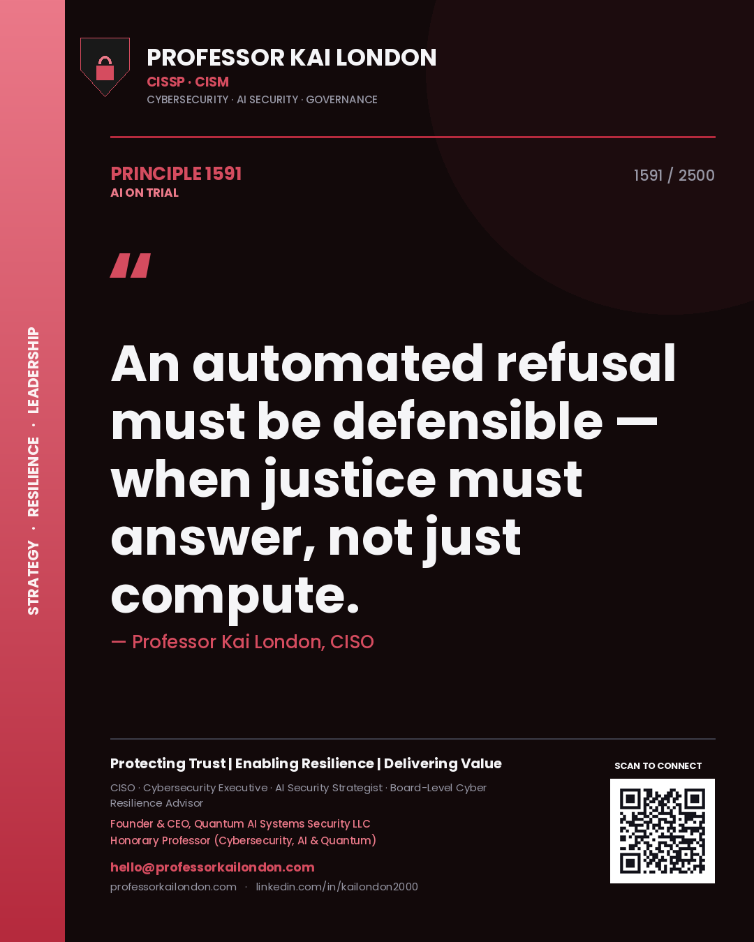 Professor Kai London principle 1591: An automated refusal must be defensible — when justice must answer, not just compute.