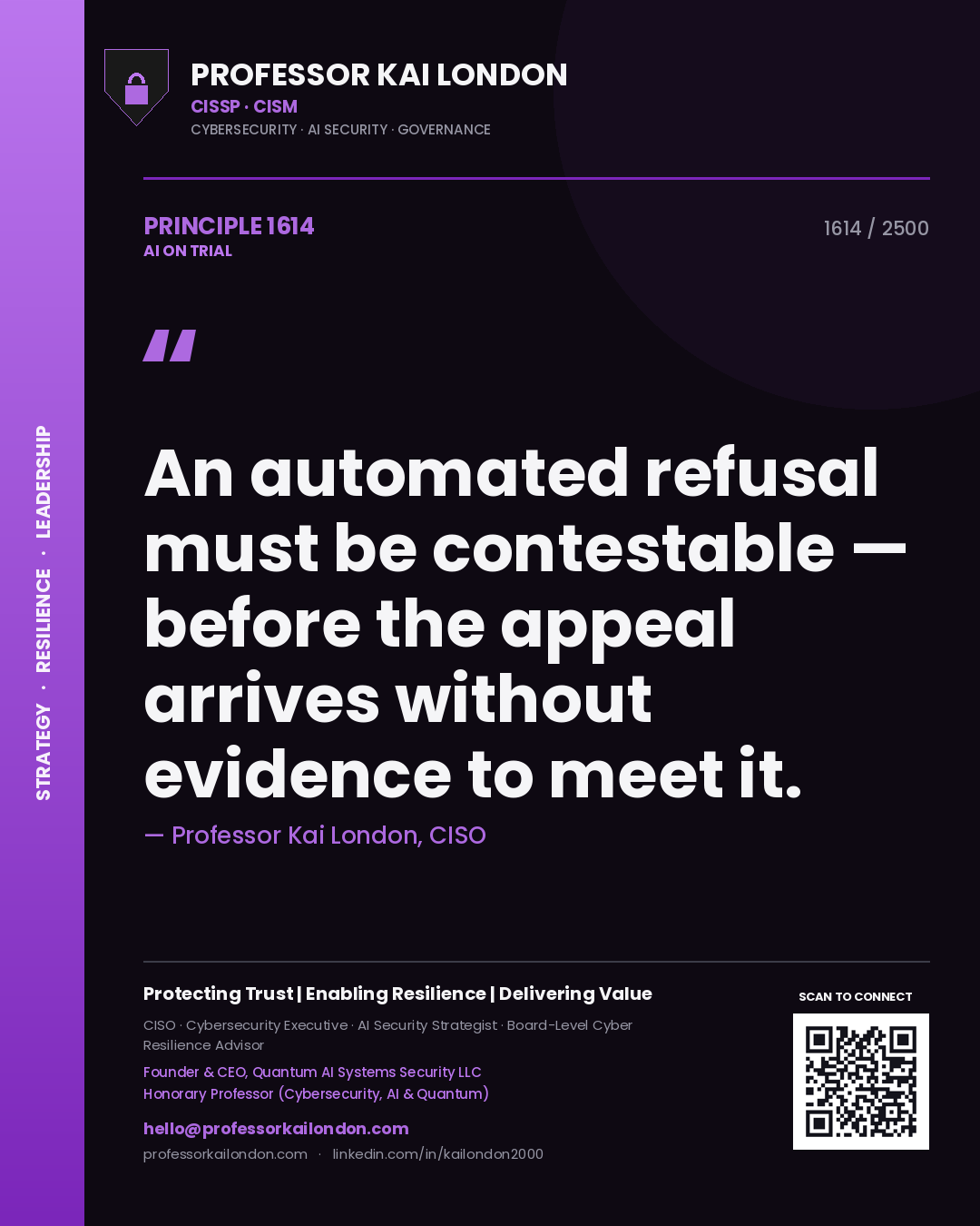 Professor Kai London principle 1614: An automated refusal must be contestable — before the appeal arrives without evidence to meet it.