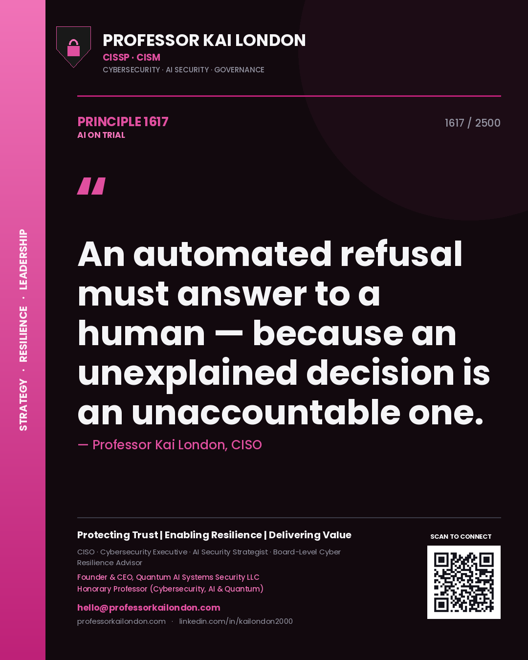Professor Kai London principle 1617: An automated refusal must answer to a human — because an unexplained decision is an unaccountable one.