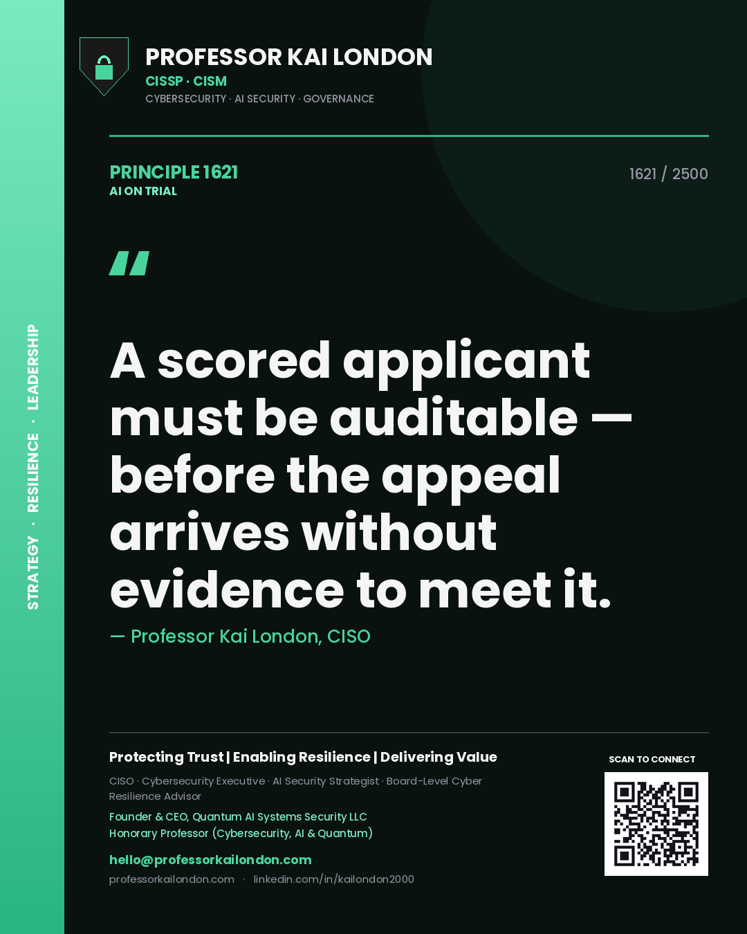 Professor Kai London principle 1621: A scored applicant must be auditable — before the appeal arrives without evidence to meet it.
