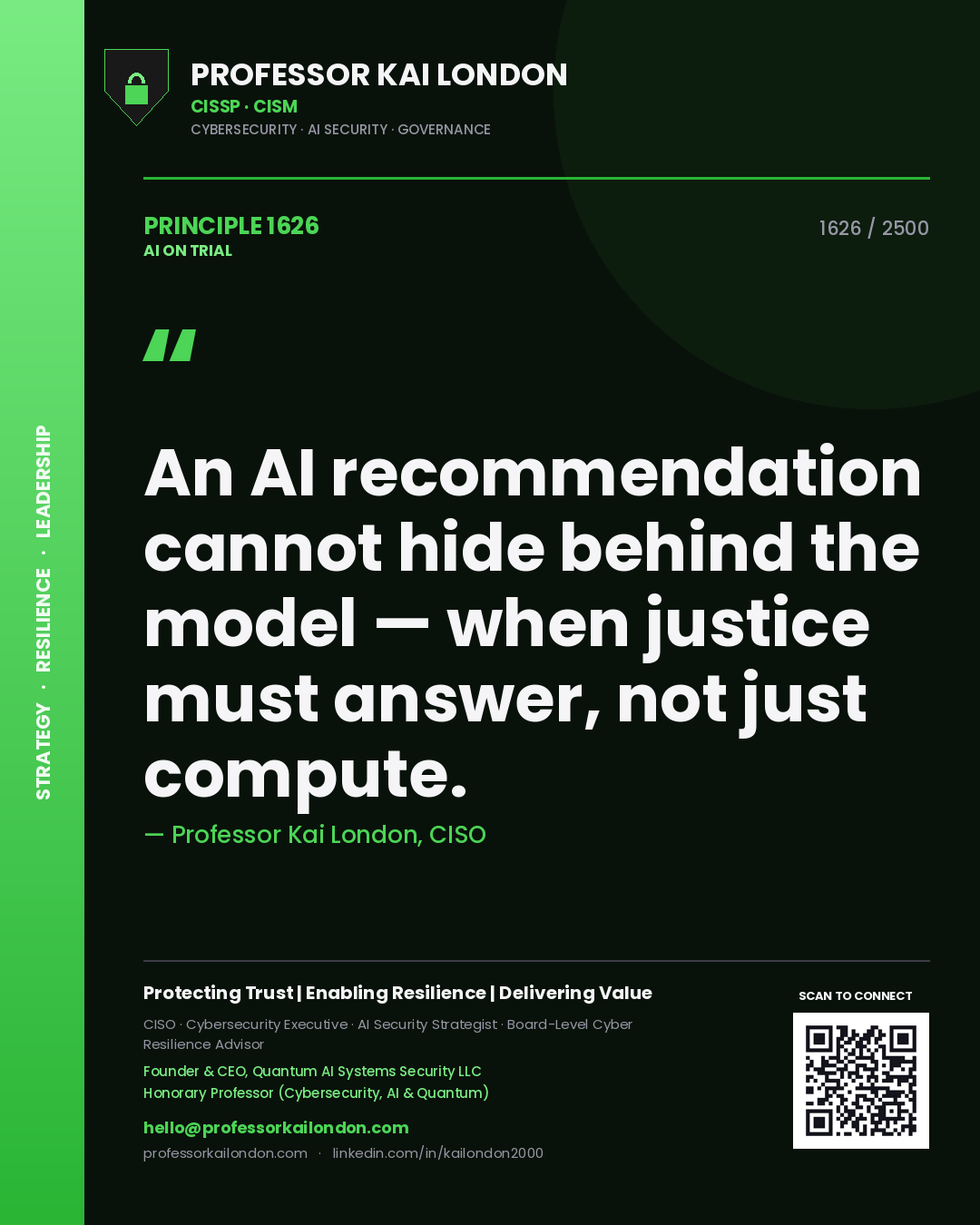 Professor Kai London principle 1626: An AI recommendation cannot hide behind the model — when justice must answer, not just compute.