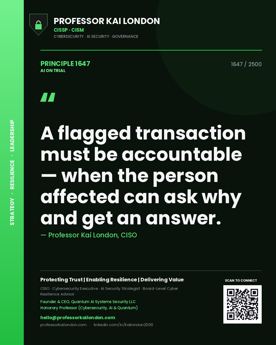 Professor Kai London principle 1647: A flagged transaction must be accountable — when the person affected can ask why and get an answer.