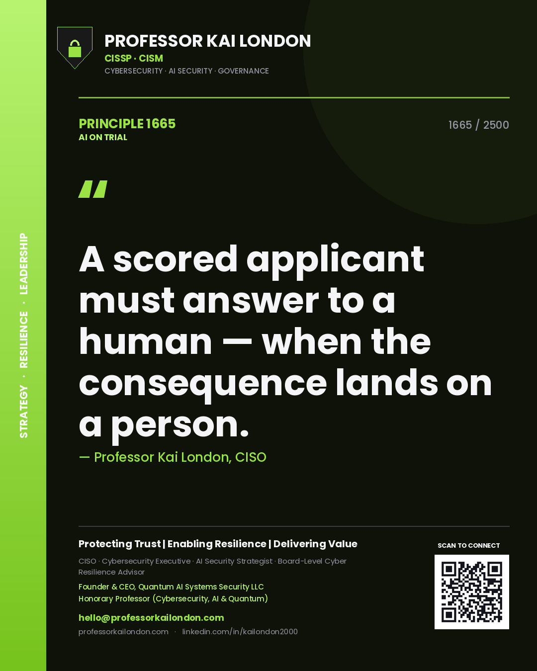 Professor Kai London principle 1665: A scored applicant must answer to a human — when the consequence lands on a person.
